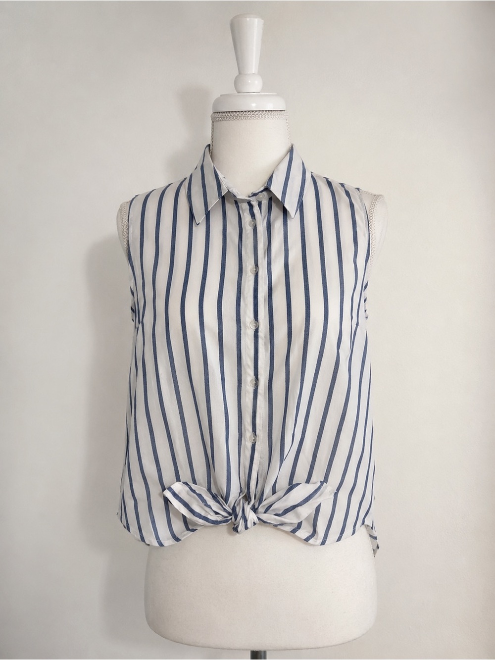 Japna Striped Button Down Top Large Sleeveless Collar Coastal